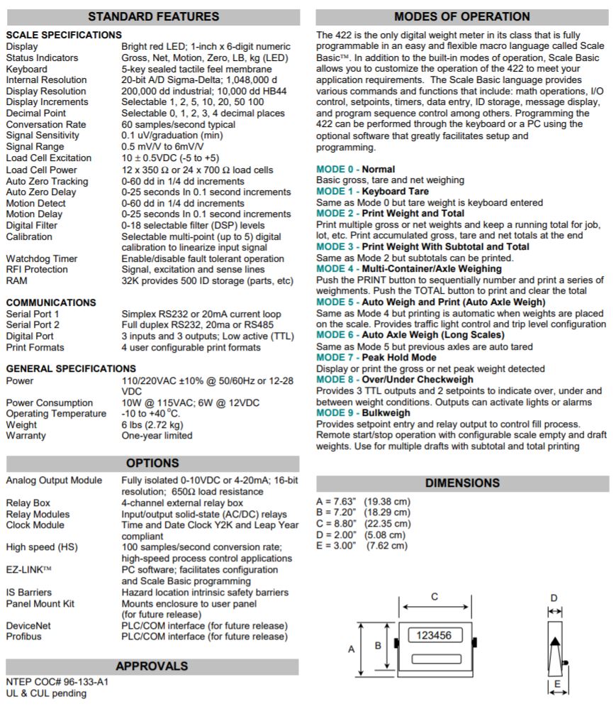 422 specification sheet